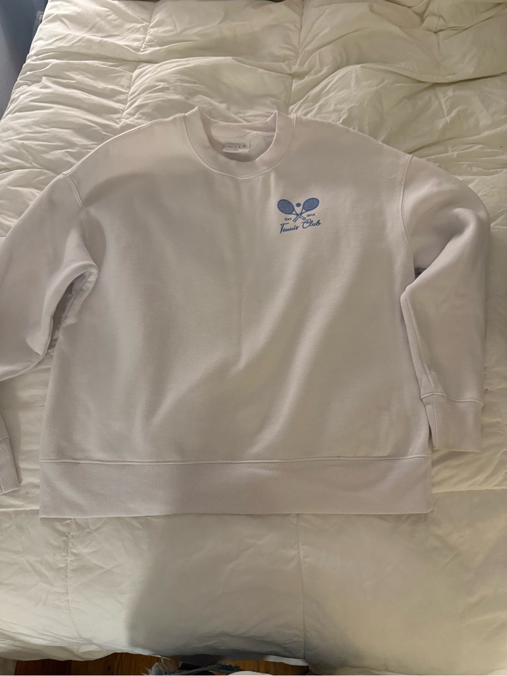 White Crewneck Sweatshirt with Blue Tennis Club Logo
